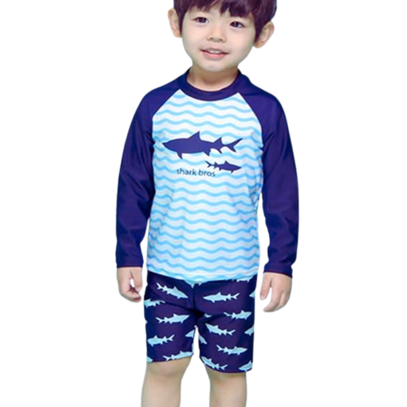 Traje De Baño 3 Piezas Manga Larga Niño Jump Kids Tiburón Azul-0