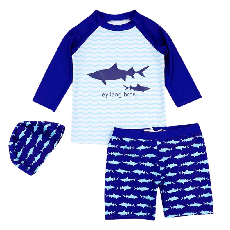 Traje De Baño 3 Piezas Manga Larga Niño Jump Kids Tiburón Azul-1