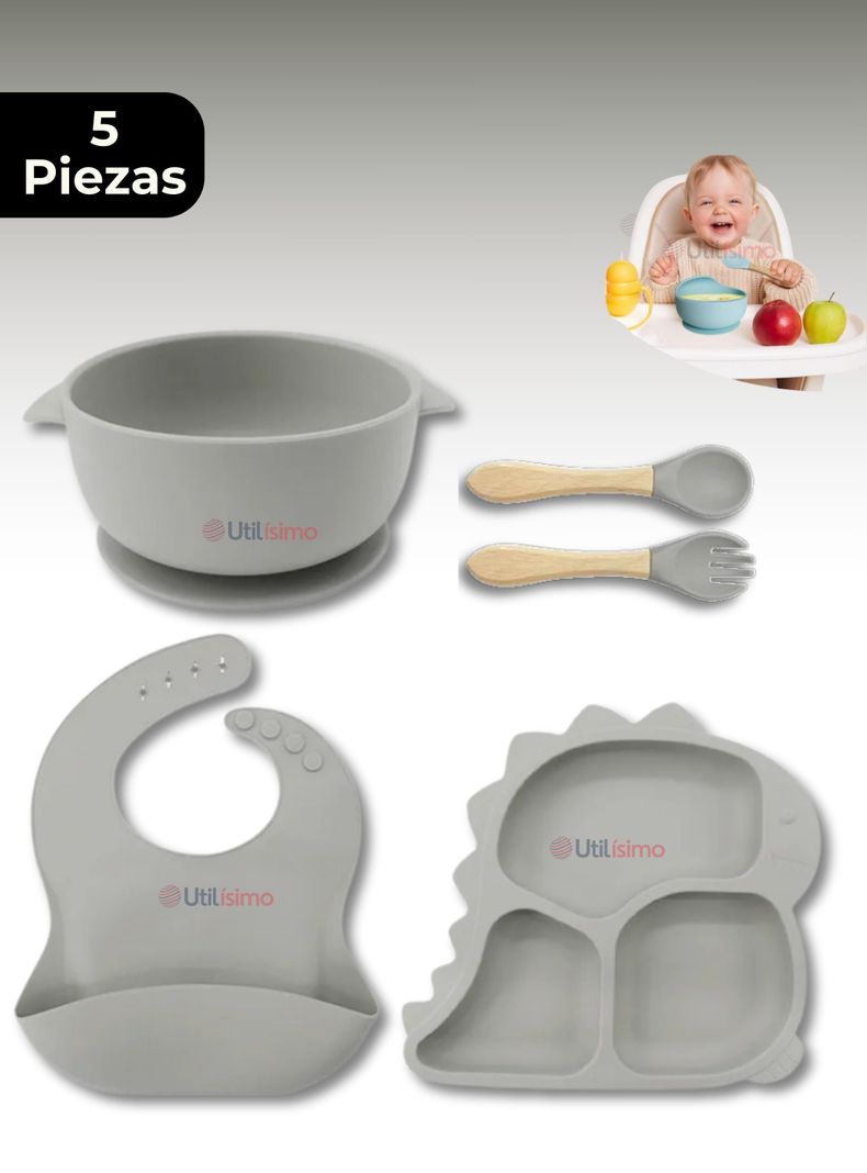 Set De Alimentación Bebé Silicona 5 Piezas Dinosaurio Libre BPA Gris-0