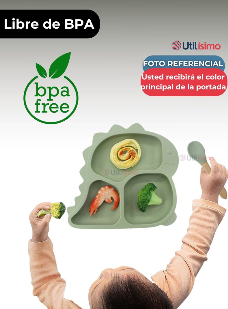 Set De Alimentación Bebé Silicona 5 Piezas Dinosaurio Libre BPA Gris-1