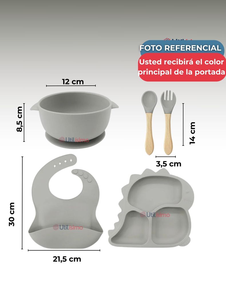 Set De Alimentación Bebé Silicona 5 Piezas Dinosaurio Libre BPA Gris-2