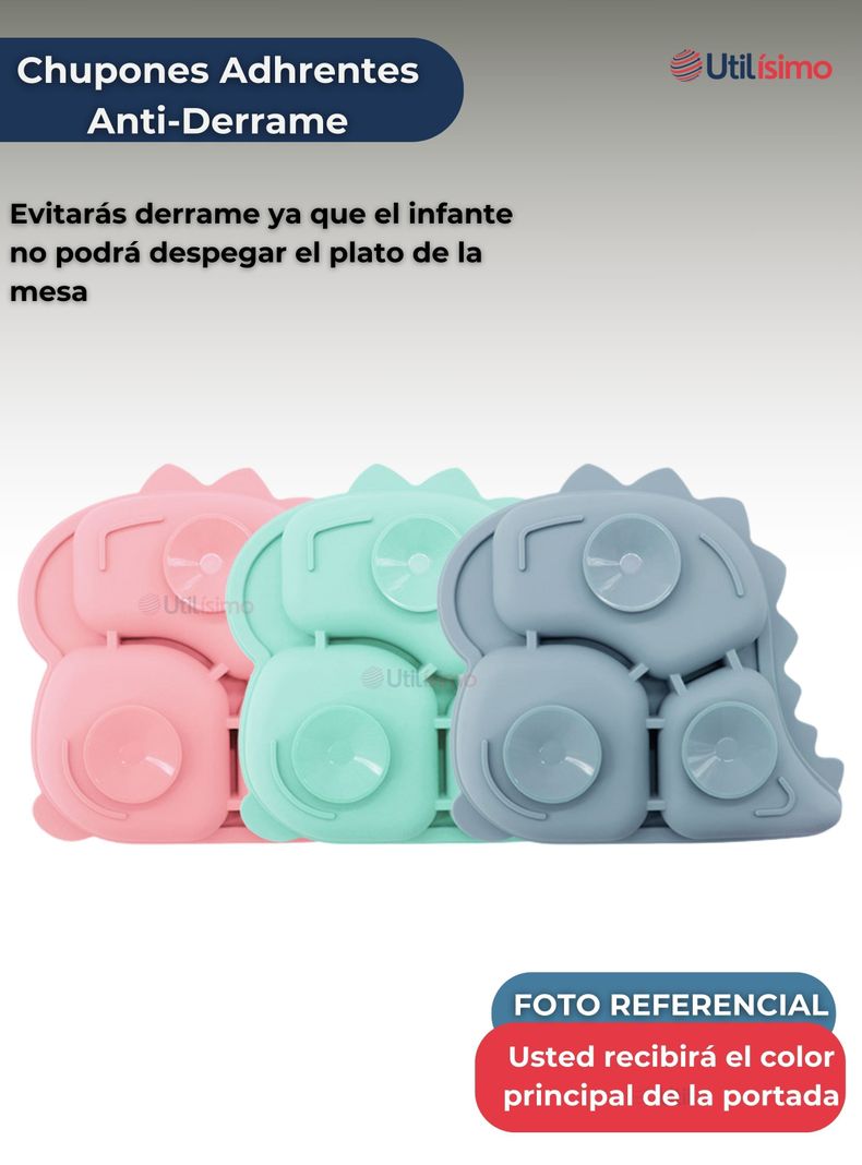 Set De Alimentación Bebé Silicona 5 Piezas Dinosaurio Libre BPA Gris-3