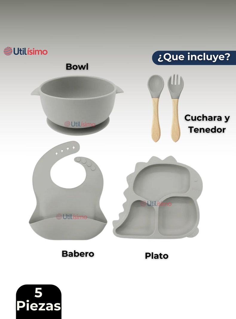 Set De Alimentación Bebé Silicona 5 Piezas Dinosaurio Libre BPA Gris-4