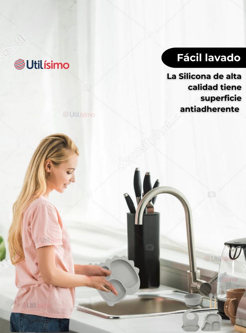 Set De Alimentación Bebé Silicona 5 Piezas Dinosaurio Libre BPA Gris-5