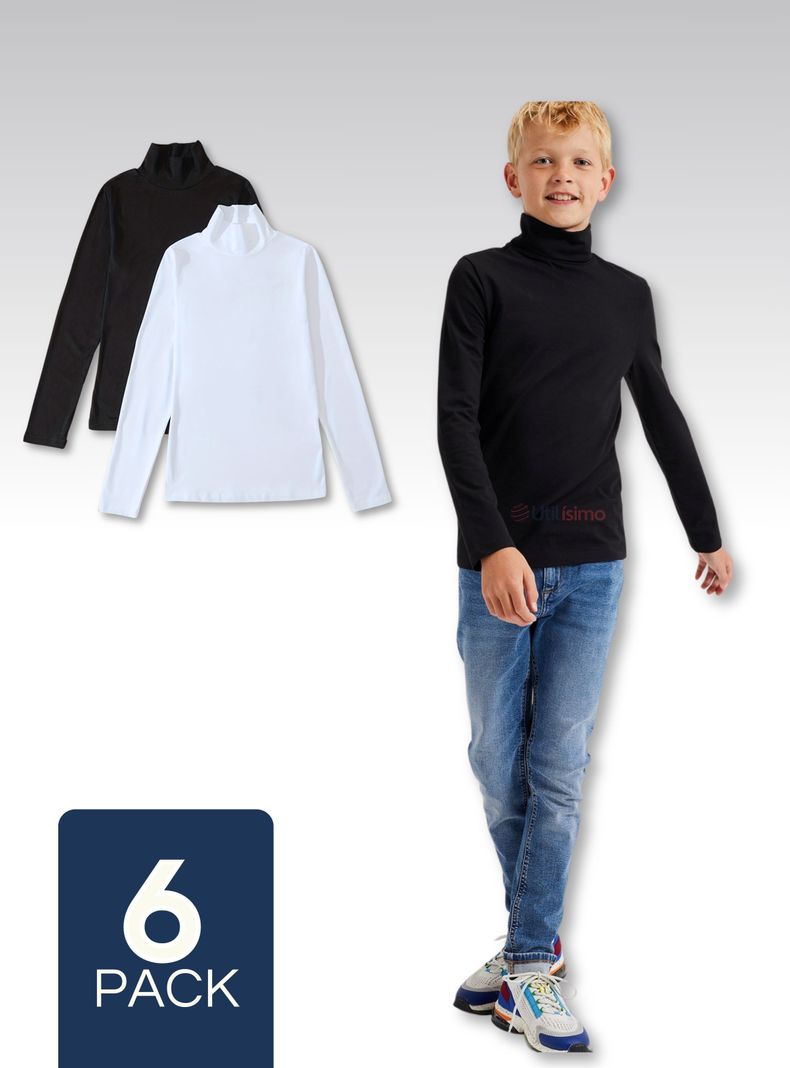 Pack 6 Camisetas Polera Beatle Algodón Niño Primera Capa Cuello Alto Blanco Negro-0