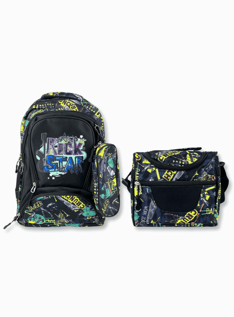 Mochila Con Lonchera Y Estuche 45cm Escolar Niño Rock Star-0