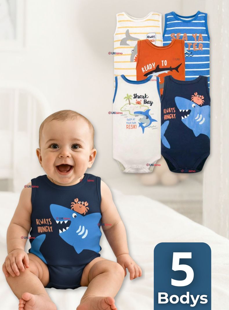 Pack 5 Bodys Nino Sin Manga Tedmimak 100% Algodon Baby shark Surtido 3 A 6 Meses