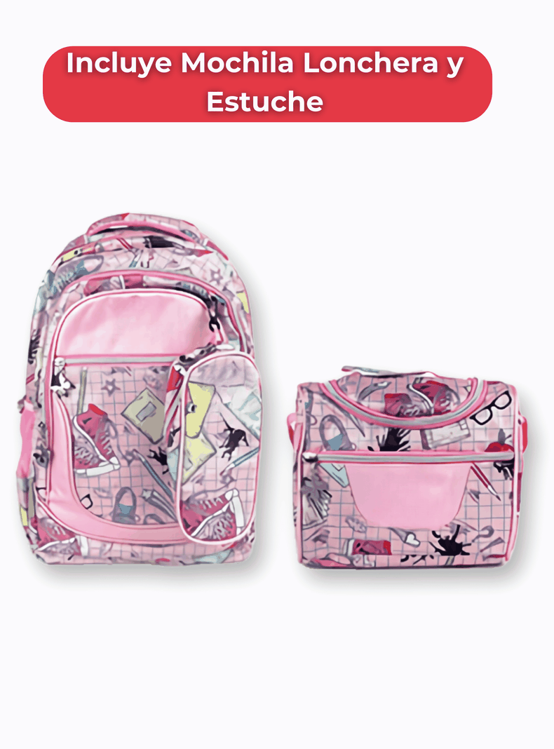 Mochila Con Lonchera Y Estuche 45CM Diseño Estampado Niña Geometric Pink-2