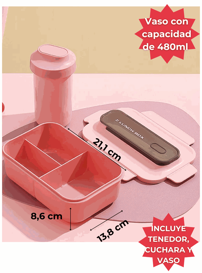 Fiambrera Contenedor 1200 Ml Lunch Box Táper Hermético + Vaso Plástico Pink-1