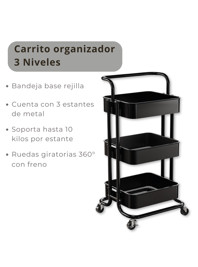 Carrito De Almacenamiento Organizador 3 Niveles Con Ruedas Color Negro-1