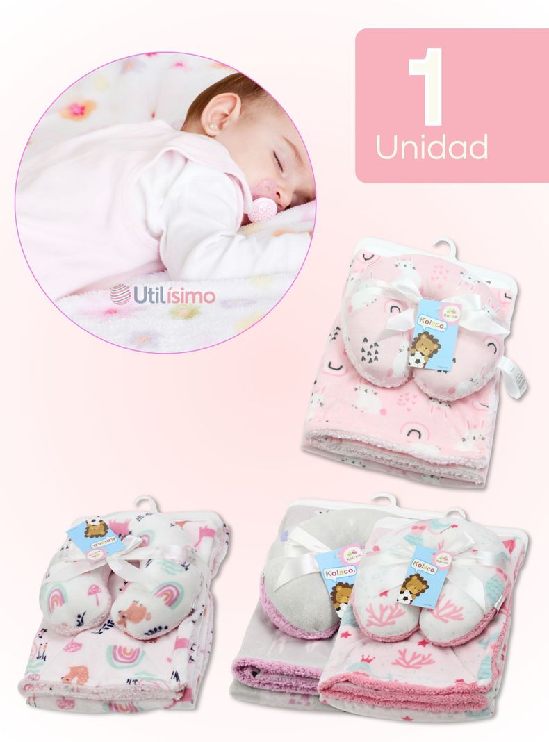 Set Manta Frazada Polar Para Bebé Niña + Cojín Para Cuello Surtidos-0