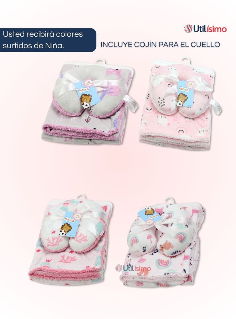 Set Manta Frazada Polar Para Bebé Niña + Cojín Para Cuello Surtidos-1