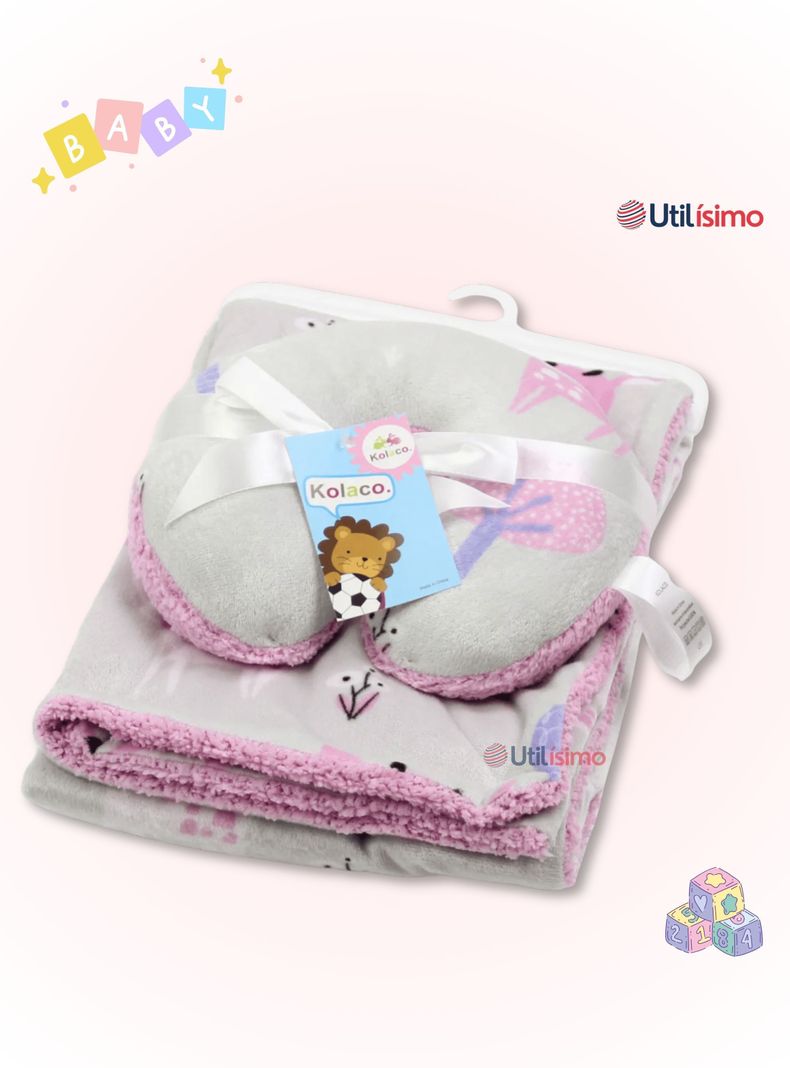 Set Manta Frazada Polar Para Bebé Niña + Cojín Para Cuello Surtidos-5
