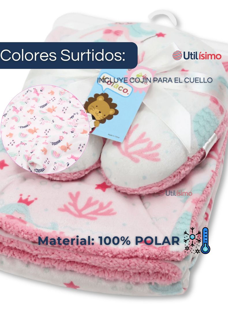 Set Manta Frazada Polar Para Bebé Niña + Cojín Para Cuello Surtidos-7