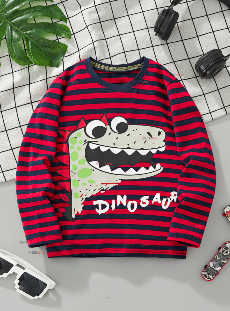 Polera Algodon Manga Larga Nino Camiseta Dinosaurio Rojo