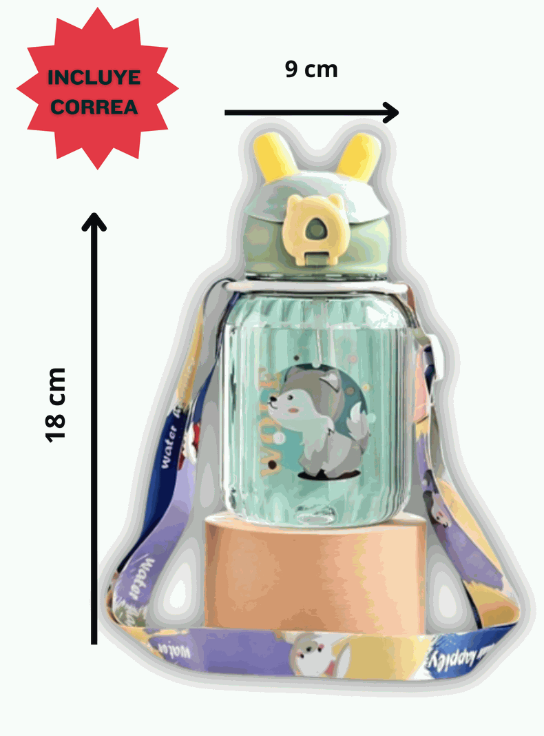Botella Plástica 600ML Con Bombilla y Correa Kawai Sin BPA Niños Fox-1