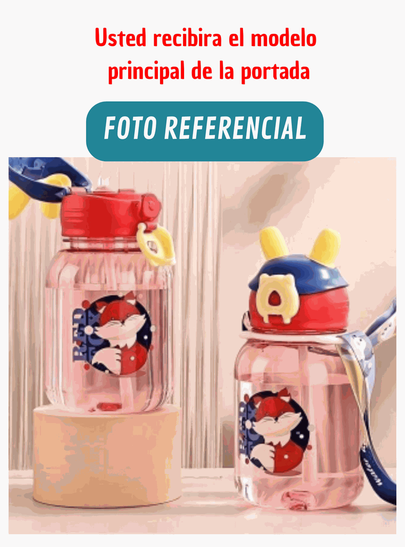 Botella Plástica 600ML Con Bombilla y Correa Kawai Sin BPA Niños Fox-2