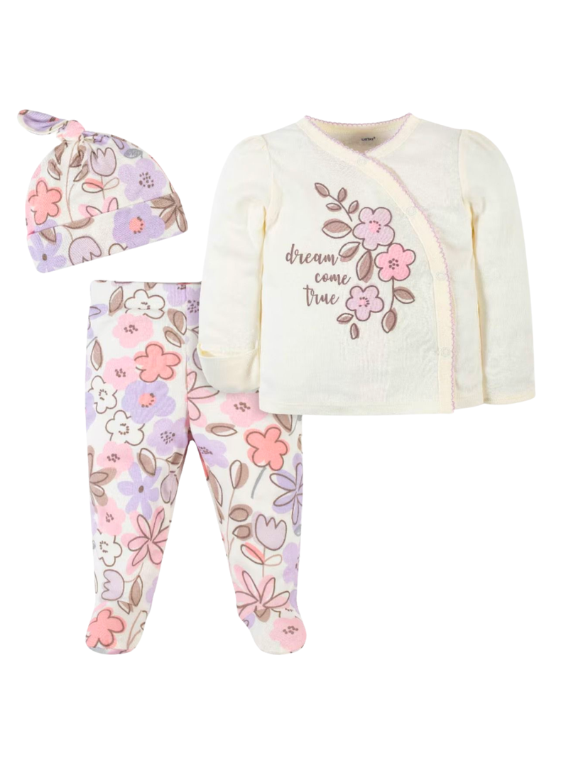 Set 3 Piezas Conjunto Bebé Buzo Polerón 0 A 6 Meses Pijama Lila Flores-0