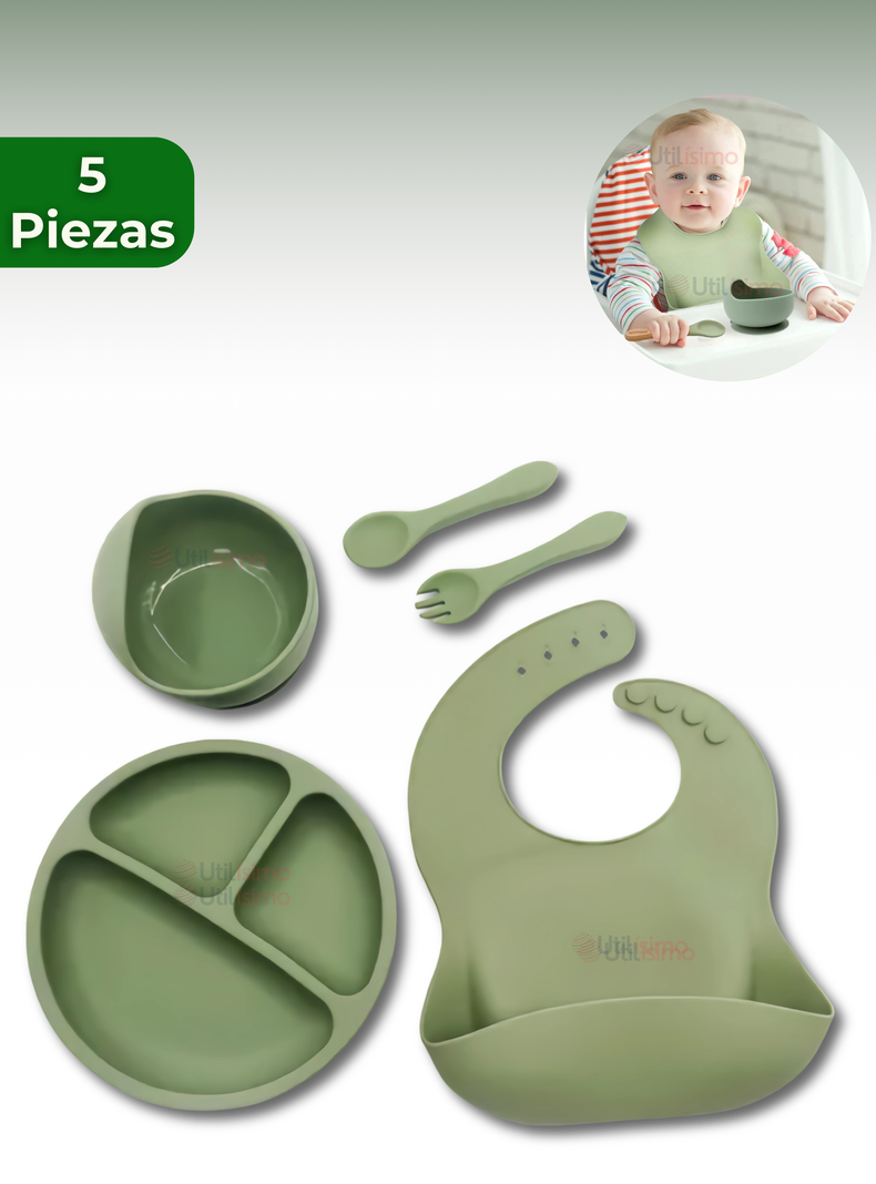 Set De Alimentación Bebé Silicona 5 Piezas Libre BPA Verde-0