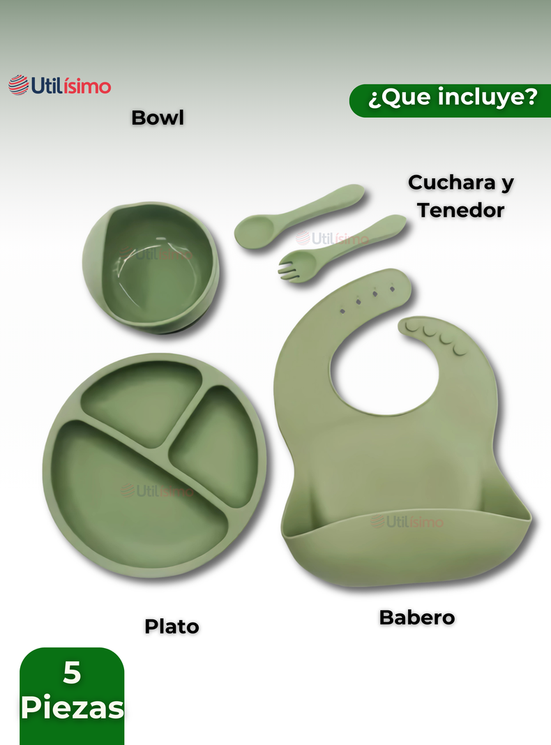 Set De Alimentación Bebé Silicona 5 Piezas Libre BPA Verde-2