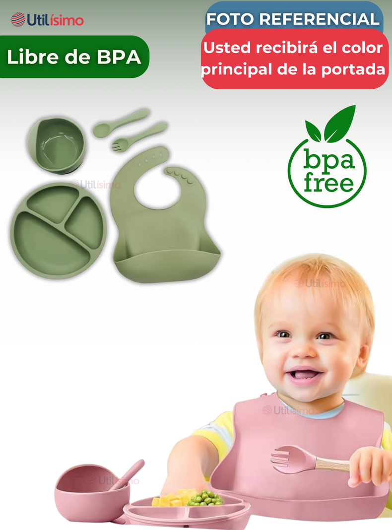Set De Alimentación Bebé Silicona 5 Piezas Libre BPA Verde-3