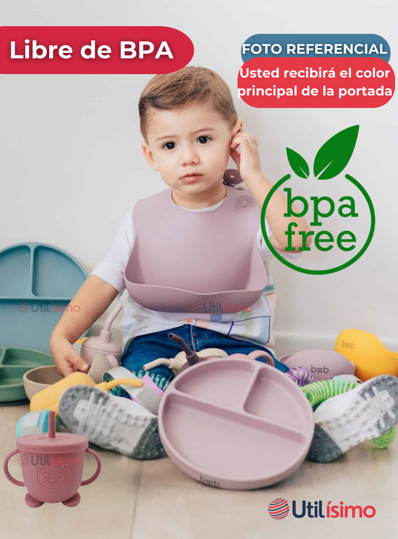 Set De Alimentación Bebé Silicona Con Vaso 5 Piezas Libre BPA Rosa Oscuro-3