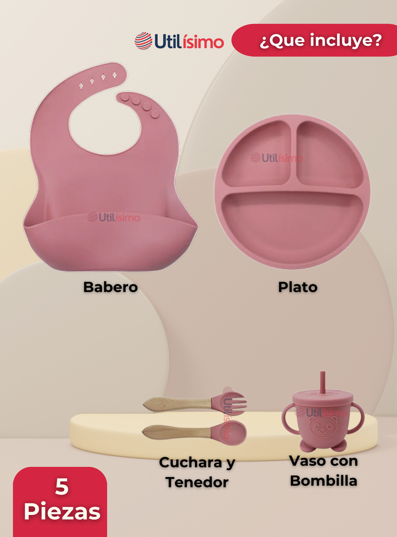 Set De Alimentación Bebé Silicona Con Vaso 5 Piezas Libre BPA Rosa Oscuro-5
