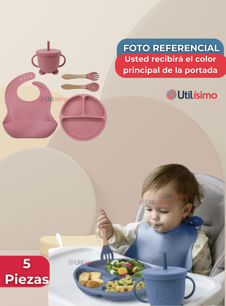 Set De Alimentación Bebé Silicona Con Vaso 5 Piezas Libre BPA Rosa Oscuro-6