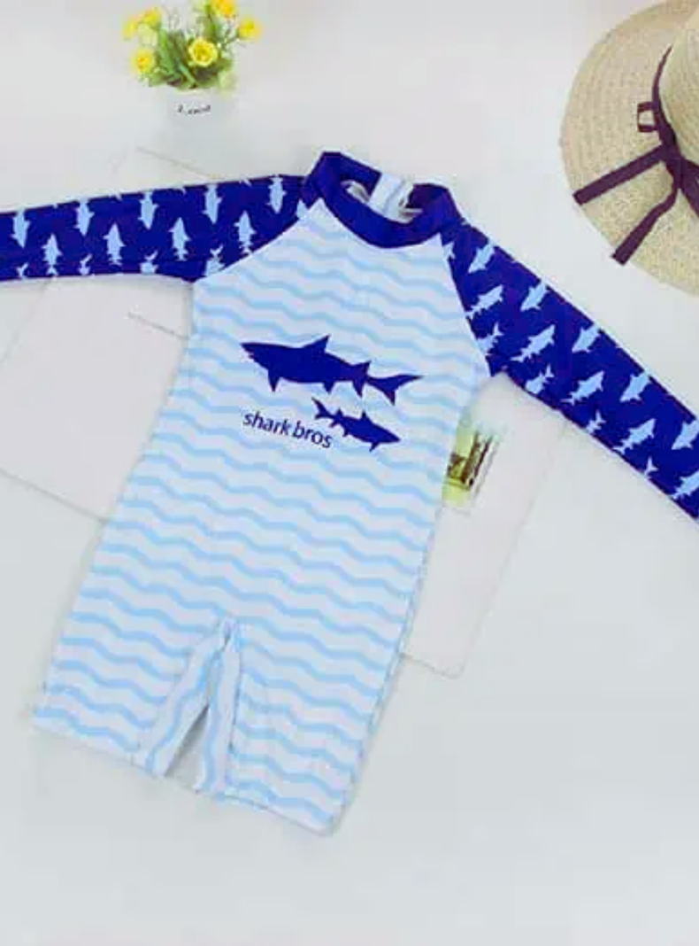 Traje De Baño Enterito Manga Larga Niño Jump Kids Tiburon Azul-1
