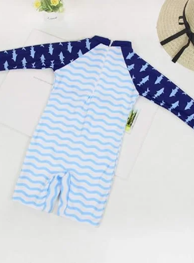 Traje De Baño Enterito Manga Larga Niño Jump Kids Tiburon Azul-3