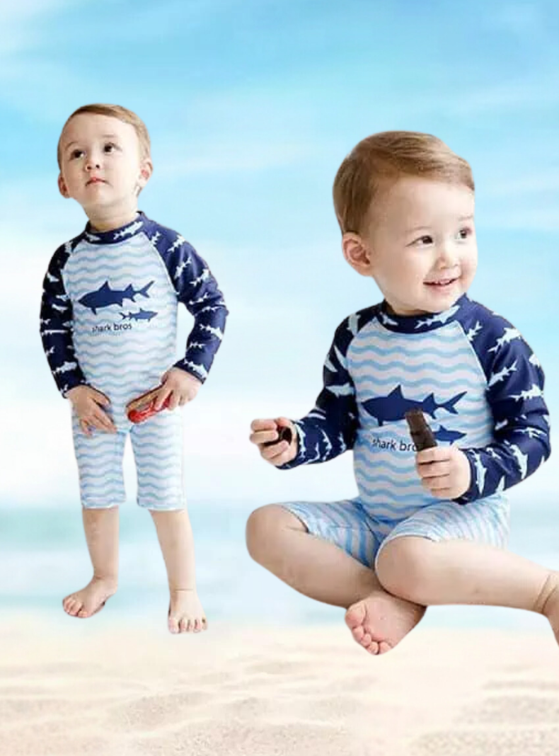 Traje De Baño Enterito Manga Larga Niño Jump Kids Tiburon Azul-4