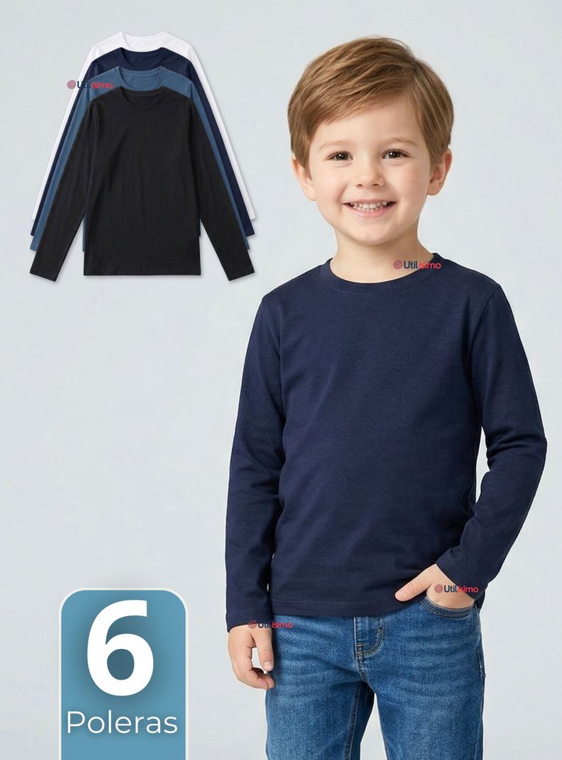 Pack 6 Poleras Camiseta Bambu Cuello Redondo Primera Capa Manga Larga Colores Surtidos Ninos