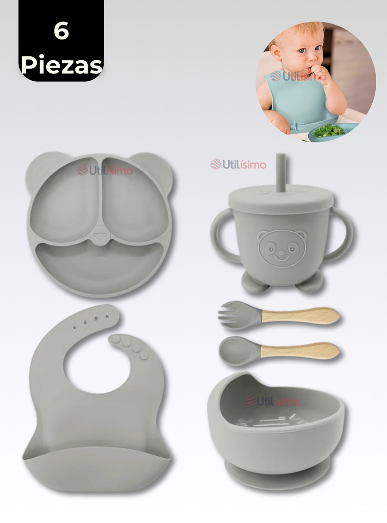 Set De Alimentación Bebé Silicona De Oso 6 Piezas Libre BPA Gris-0