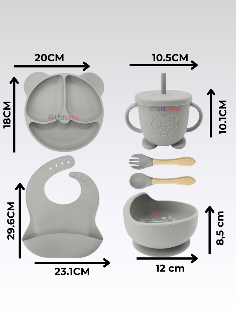 Set De Alimentación Bebé Silicona De Oso 6 Piezas Libre BPA Gris-1