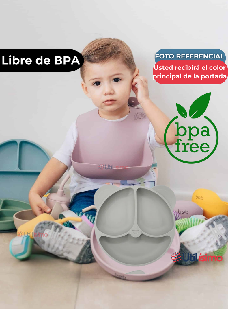 Set De Alimentación Bebé Silicona De Oso 6 Piezas Libre BPA Gris-2