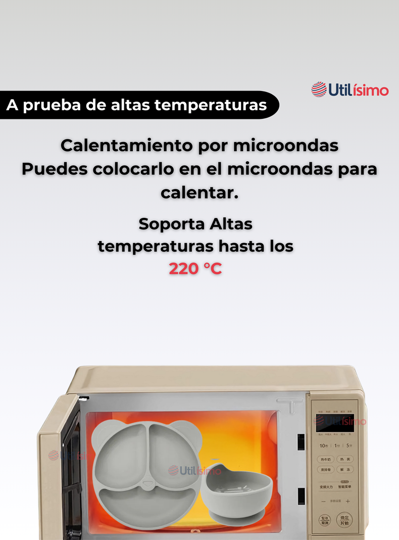 Set De Alimentación Bebé Silicona De Oso 6 Piezas Libre BPA Gris-3