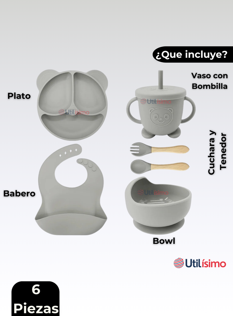Set De Alimentación Bebé Silicona De Oso 6 Piezas Libre BPA Gris-5
