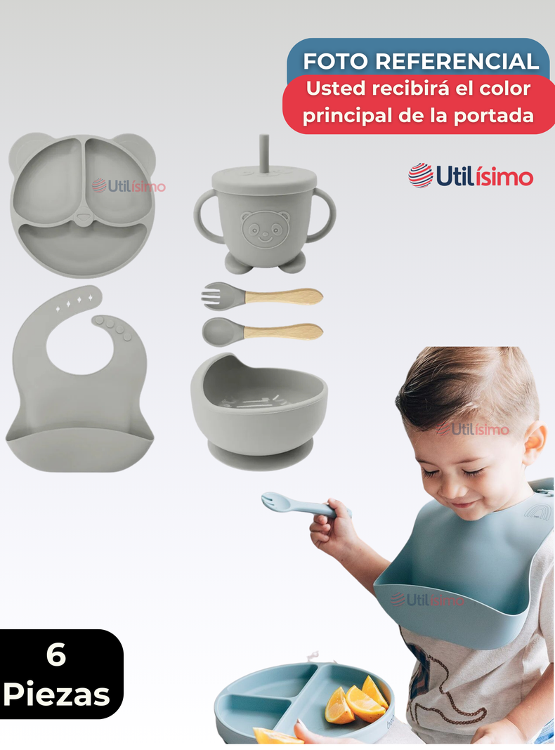 Set De Alimentación Bebé Silicona De Oso 6 Piezas Libre BPA Gris-6