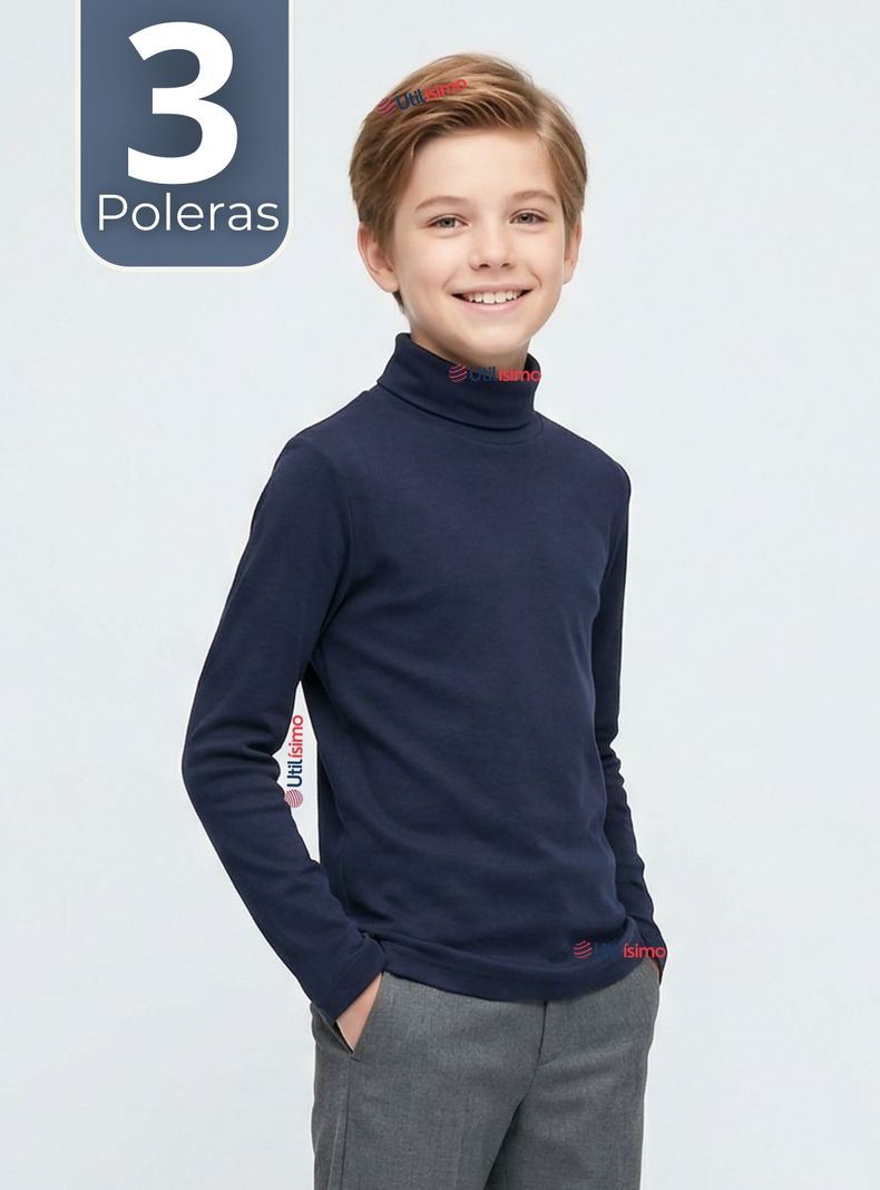 Pack 3 Poleras Camisetas Polar Azul Oscuro Primera Capa Beatle Mangas Largas para Ninos