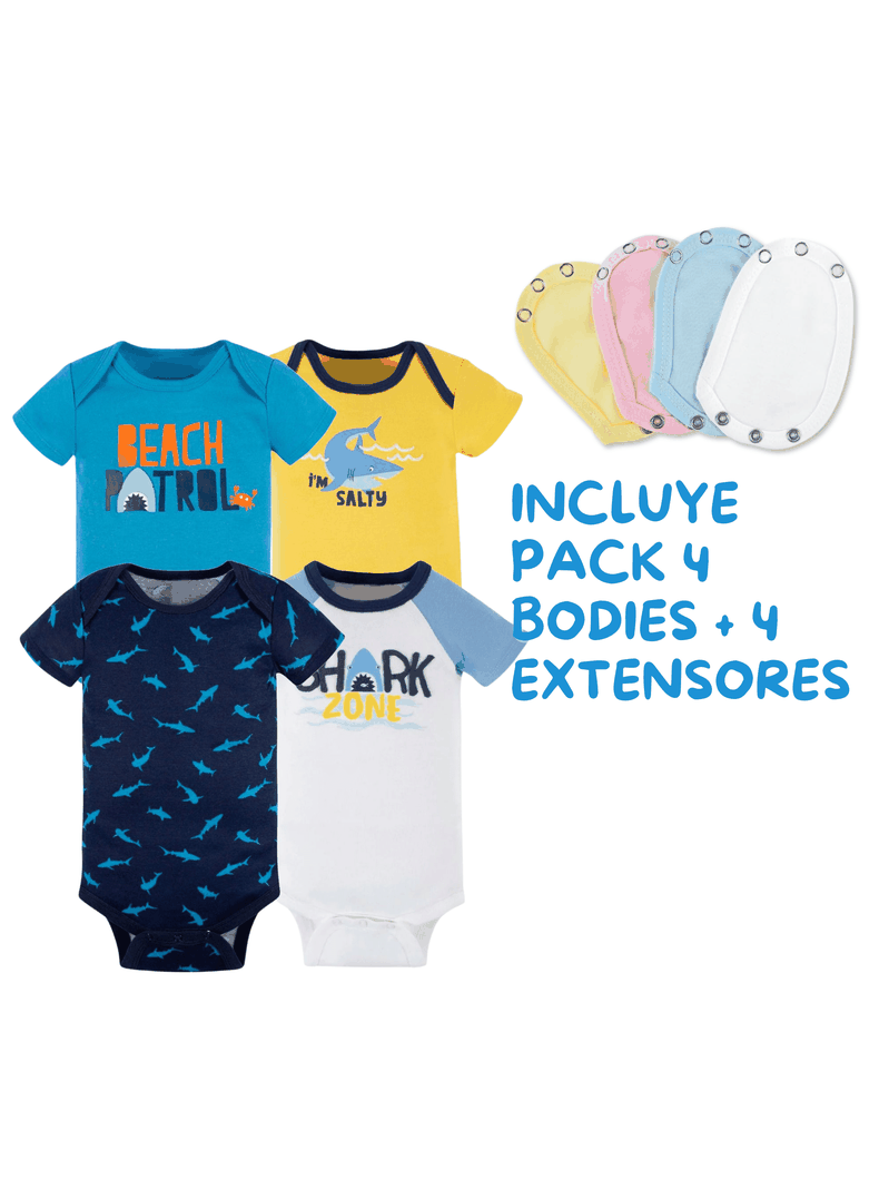 Pack 4 Unidades Extensor Body Bebé +Pack 4 Bodys Algodón Niño Manga Corta Tiburón Azul-1