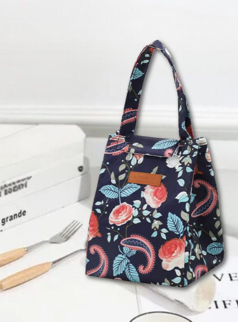 Lonchera Térmica Estampada Bolsa de Mano para Picnic Portátil Blue Roses-0