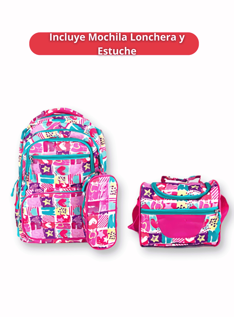 Mochila Con Lonchera Y Estuche 45CM Diseños Variados Niña Stars in pink-2