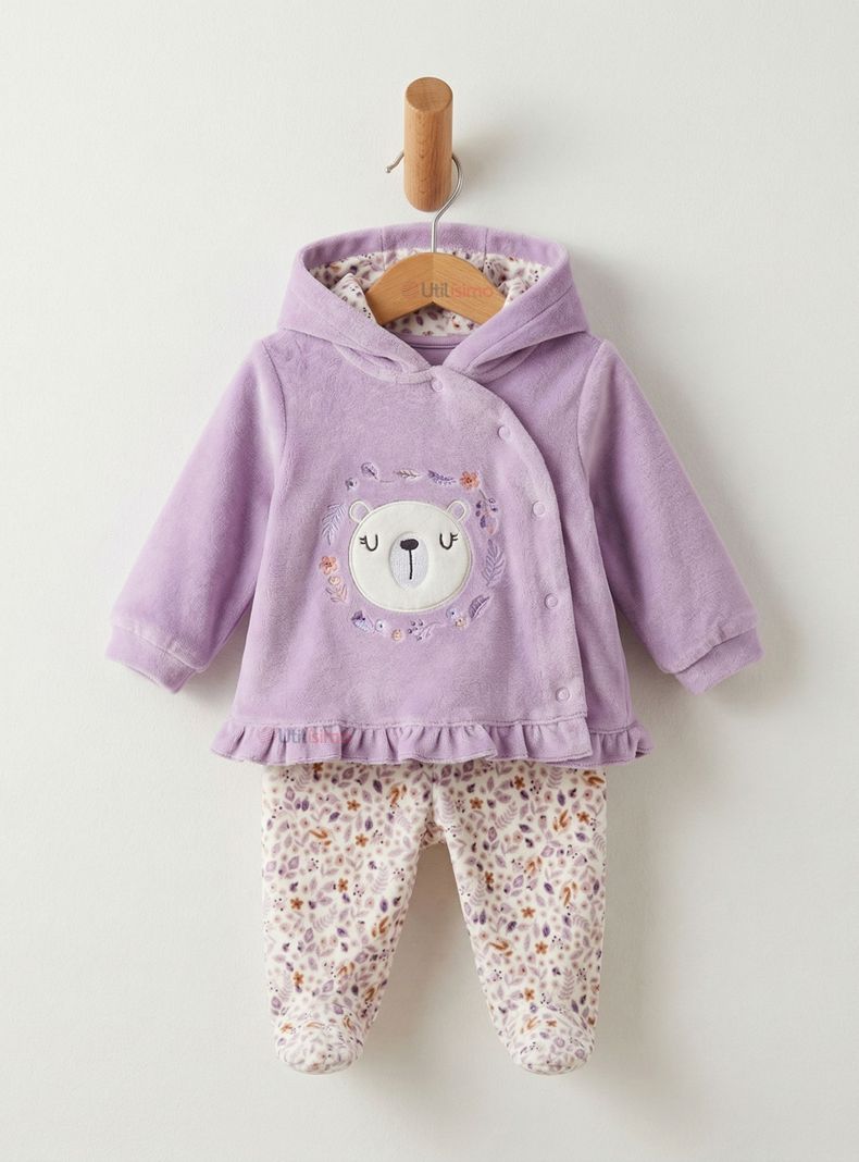Conjunto 2 Piezas Buzo Pantalon Poleron Con Capucha Tela Plush Lila Bebe Nina
