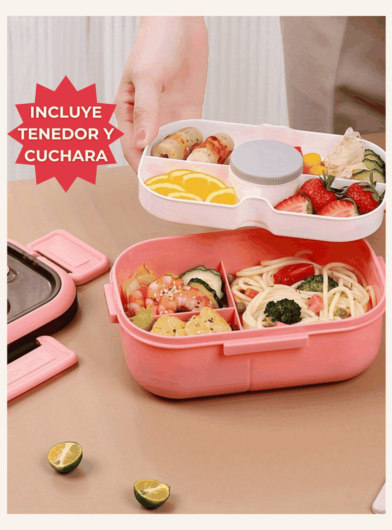 Fiambrera Contenedor 1200 Ml Bento Box Táper Hermético + Salsera Plástico Pink-4