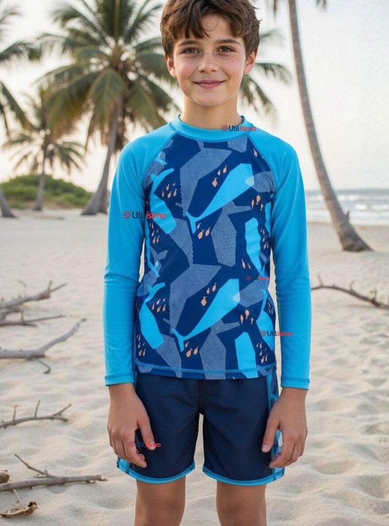 Traje de Baño Manga Larga Pantalón Corto 2 Piezas Corte Split para Niños 3 a 9 años Blue