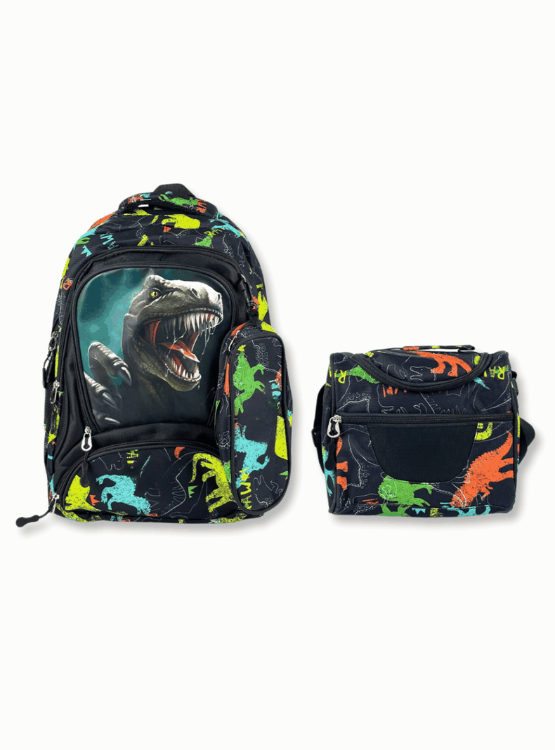 Mochila Con Lonchera Y Estuche 45cm Escolar Niño Dinosaurio Verde-0