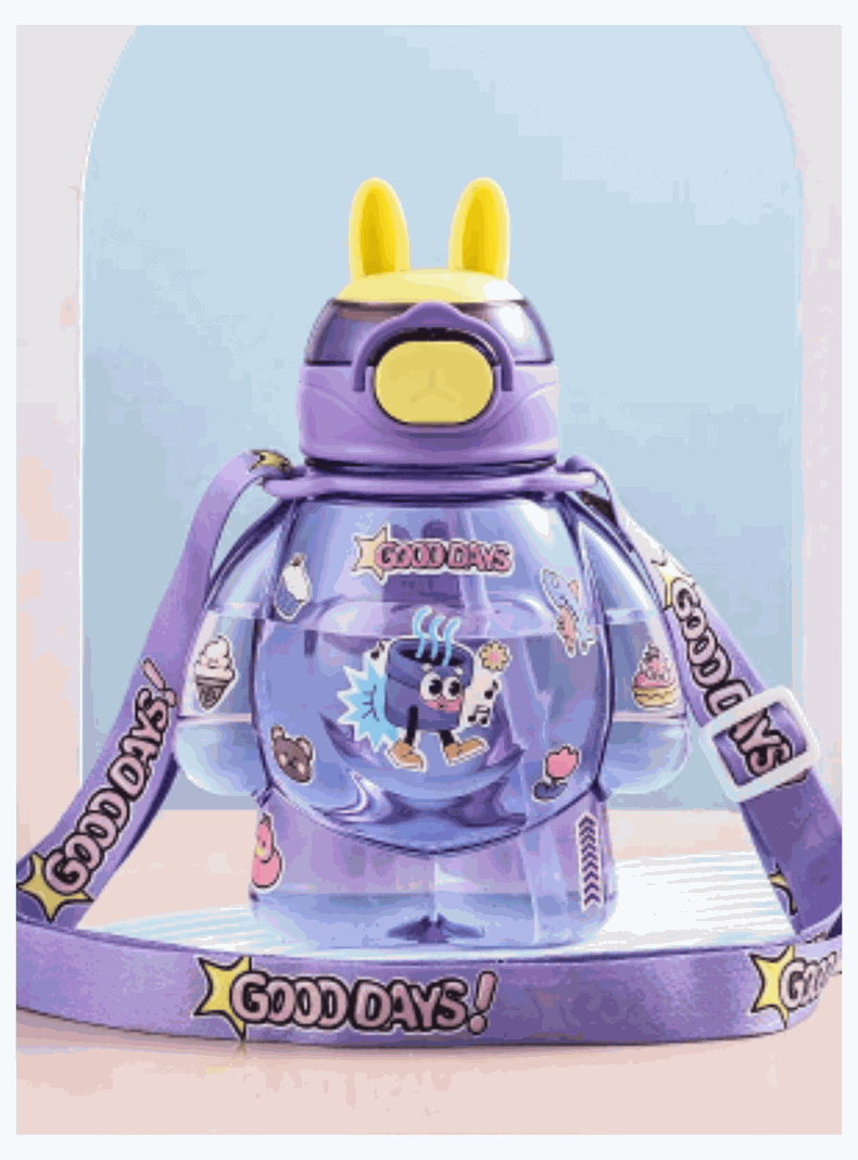 Botella Plástica 650ML Con Correa Y Orejitas Estilo Kawai Sin BPA Niños Purple-0