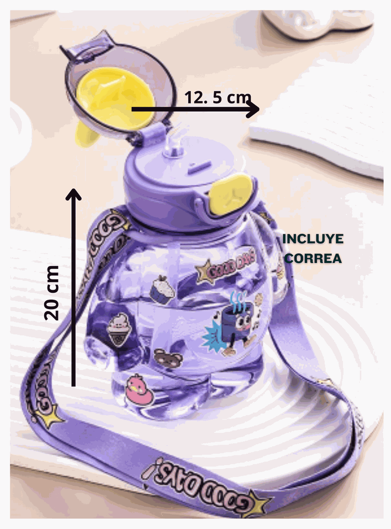 Botella Plástica 650ML Con Correa Y Orejitas Estilo Kawai Sin BPA Niños Purple-1