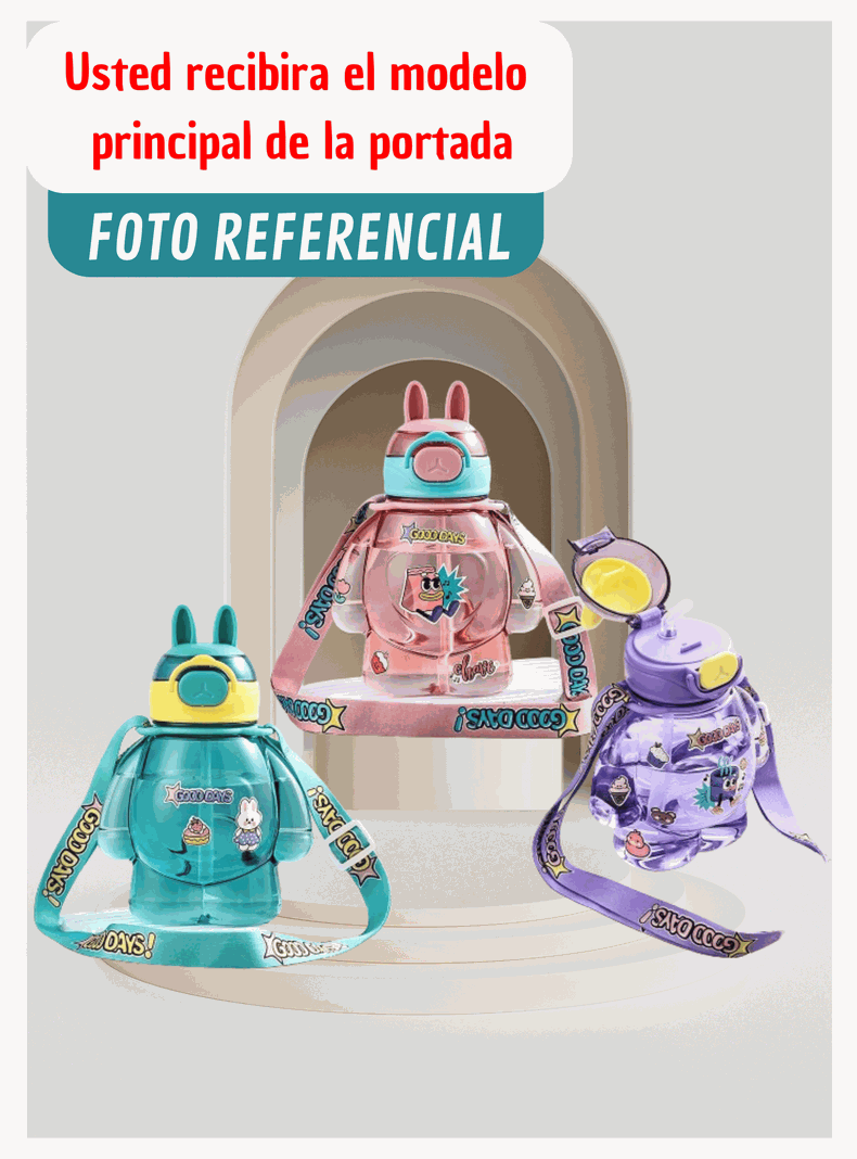 Botella Plástica 650ML Con Correa Y Orejitas Estilo Kawai Sin BPA Niños Purple-2