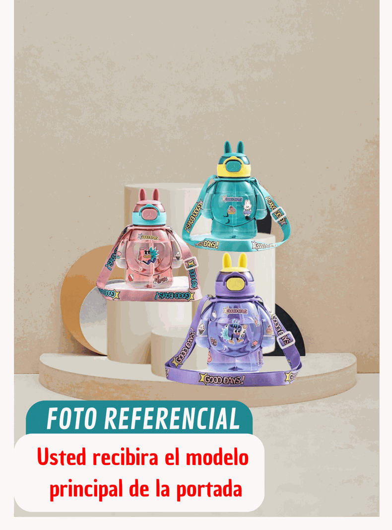 Botella Plástica 650ML Con Correa Y Orejitas Estilo Kawai Sin BPA Niños Purple-3